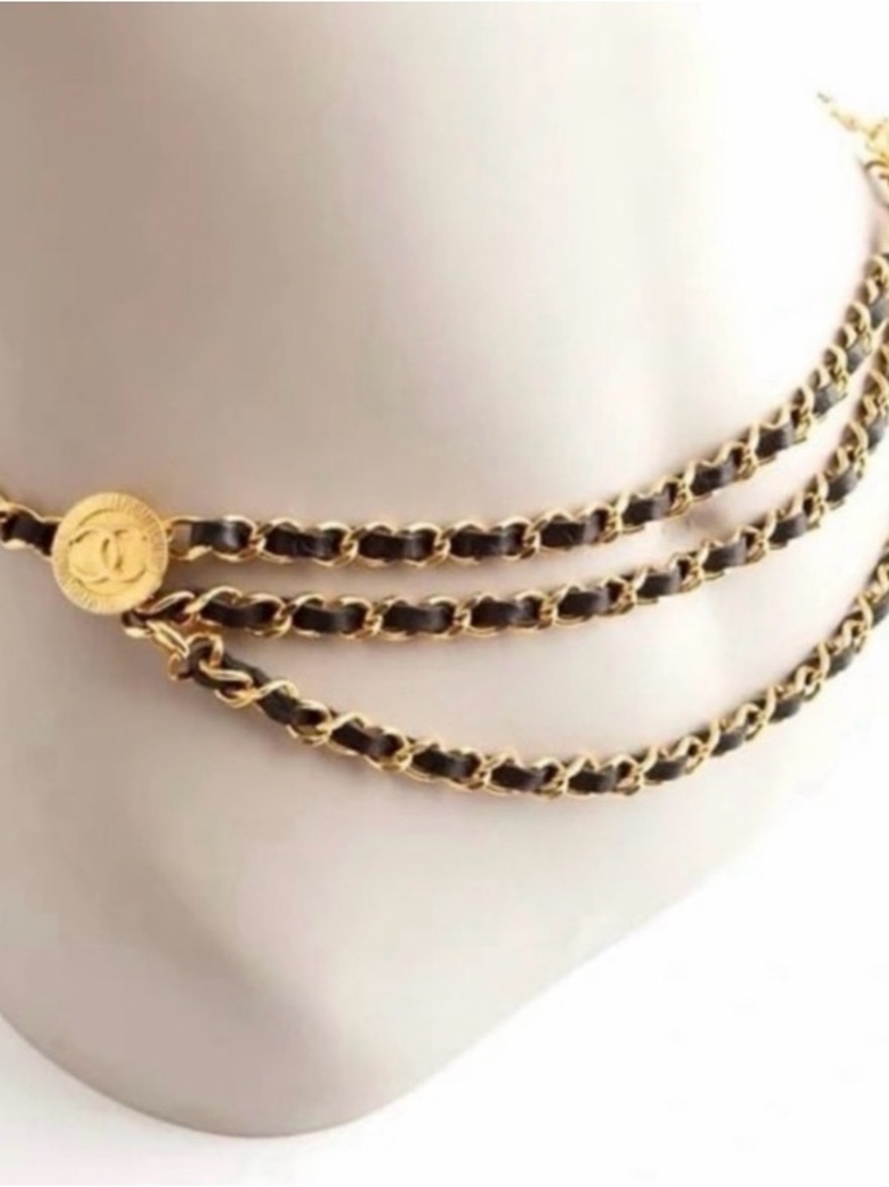 CHANEL black chain 1984 vintage runway leather link belt 80cm